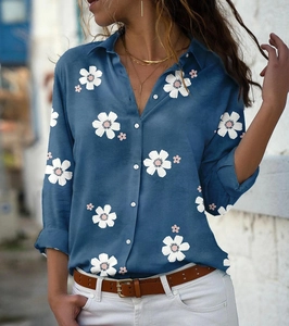 Women's blue floral long sleeve shirt with classic lapel collar and button-down design