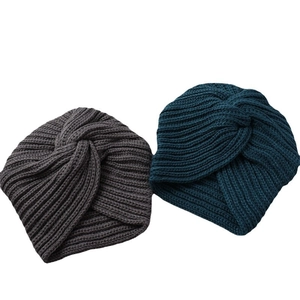 Cross-knit bohemian style cashmere-like turban hats in dark grey and peacock blue colors