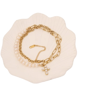 Double-layer gold chain necklace with natural pearls and a gold cross starfish pendant