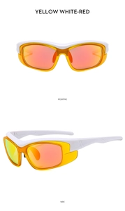Front and side macro views of Y2K sports sunglasses with yellow frame and red mirrored lenses