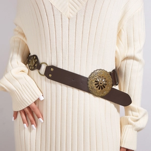 Vintage Y2K coffee leather belt with ornate round buckle and rivets for women