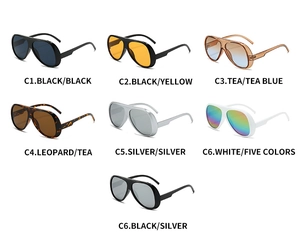 Matrix display of retro oversized sunglasses in seven stylish color variations