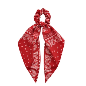 Red paisley print hair scrunchie with long ribbons for retro style ponytails