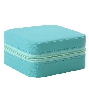 Portable square leather jewelry box in Tiffany blue with a secure zipper closure