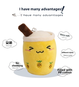 Detail of yellow pineapple bubble tea plush keychain with soft PP cotton stuffing