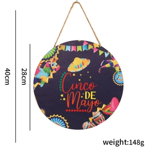 Wooden Cinco de Mayo round door sign with size and weight measurements detail