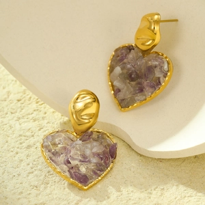 Elegant 18K gold plated heart earrings with purple natural stones on a neutral background