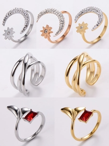 Minimalist moon star and fishtail rings in gold and silver plating shown in grid view
