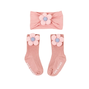 Ensemble bandeau et chaussettes antidérapantes roses pour bébé avec fleurs 3D