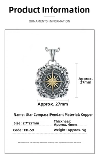 Macro shot of 27x27mm vintage star compass pendant with detailed technical specs