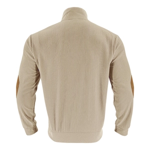Close-up of beige corduroy sweatshirt back featuring classic brown elbow patches