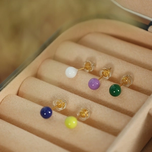 Minimalist colorful round stud earrings in five vibrant shades with gold finish