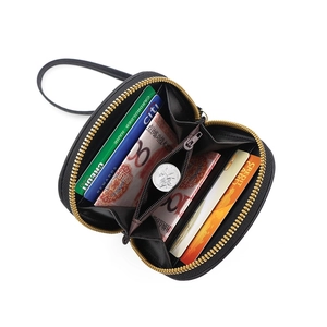 Compact black bear print coin purse with wrist strap and accordion card organizer slots