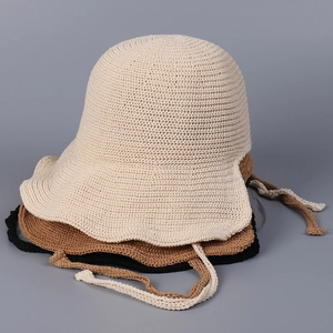 Women's breathable crochet knit bucket hats with ties in beige brown and black colors