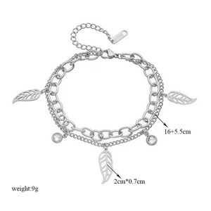 Double-layer silver chain bracelet with leaf pendants and crystals, 16+5.5cm length