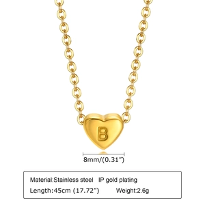 Detailed view of 8mm gold heart pendant with letter B engraving and 45cm chain specs