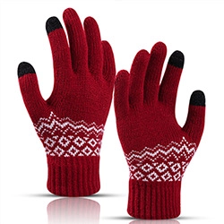 Detail of red Nordic style knitted gloves with touchscreen tips and geometric pattern