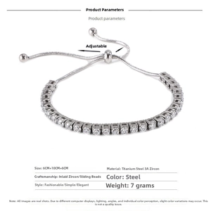 Detail of adjustable titanium steel bracelet with pavé cubic zirconia and sliding buckle