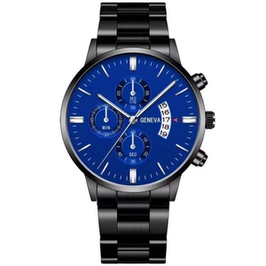 Close-up of chronograph watch with deep blue dial, three sub-dials and black steel strap