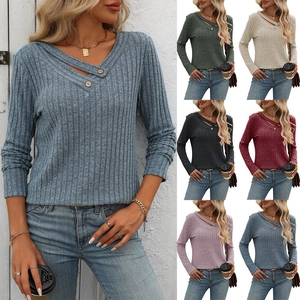 Women Long Sleeve Ribbed Knit Top V Neck Cross Over Button Decor Slim Fit Casual Autumn T-Shirt