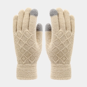 Details von warmen Winter-Strickhandschuhen mit Touchscreen-Spitzen und Rautenmuster