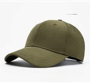 Detailed view of army green cotton baseball cap featuring a six-panel crown and curved brim