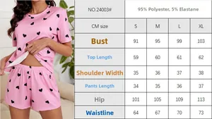 Detailed size chart for pink heart print pajama set with short sleeves and shorts