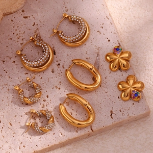 Vintage 18K gold plated titanium flower studs and crystal hoop earring set for women