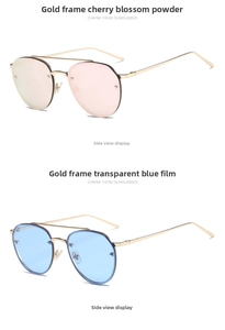 Detail view of aviator sunglasses with gold frames in cherry blossom pink and transparent blue