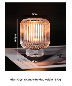 Detailed view of striped glass candle holder with 8.5cm height and light refraction