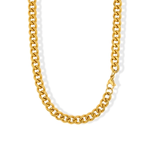Classic gold stainless steel Cuban link necklace with secure lobster clasp on white background