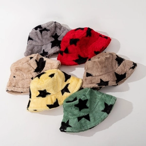 Plush faux rabbit fur bucket hats with star patterns in six diverse colors