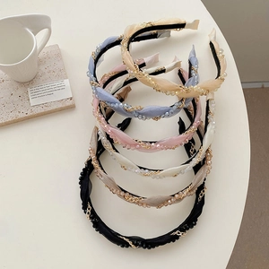 Elegant woven pearl chain headbands in five colors with sparkling crystal beads and fabric wrap