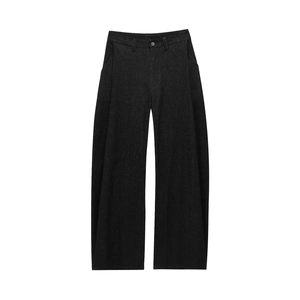 Pantaloni grigio scuro a vita alta e gamba larga con chiusura a bottone, posa piatta