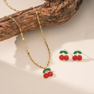 Women Titanium Steel Cherry Jewelry Set Red Green Rhinestone Necklace And Stud Earrings Gold Plated Fruit Fashion Jewelry
