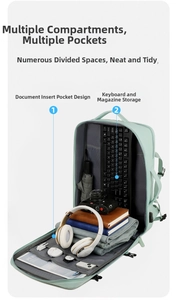 Detailed view of the multi-pocket travel backpack interior showing organized storage space.