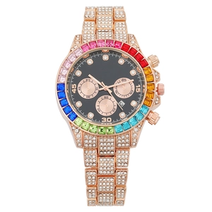 Orologio Al Quarzo Da Donna Di Lusso Lunetta Cristallo Arcobaleno Strass Completo Cinturino Lega Calendario Elegante Moda