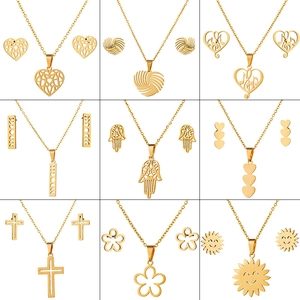 Stainless Steel Necklace Earrings Jewelry Sets Hollow Heart Music Note Geometric Moon Phase Hamsa Hand Cross Flower Women