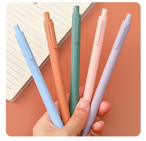 Close-up of five colorful retractable gel pens held over a notebook with handwriting