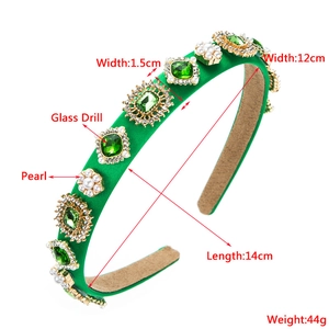 Detailed specs of green satin headband with glass crystals and pearls, 12cm width