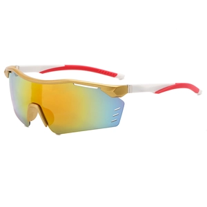 Fashionable cycling sunglasses with gold frame and orange mirrored lenses for sports
