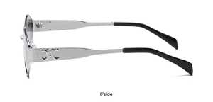 Side view of silver metal rhombic sunglasses featuring intricate hollow decorative temples