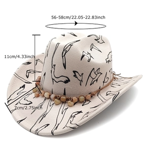 Beige wool fedora with black bird print and bohemian beaded band for 56-58cm head size