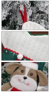 Detail showing the red knitted hanging loop and festive cartoon dog on the stocking