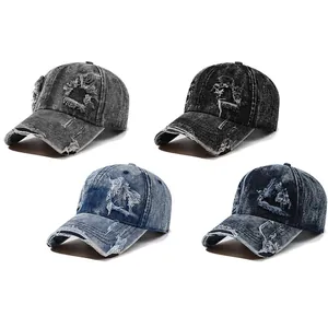 Distressed vintage washed denim baseball caps with ripped holes in four colors