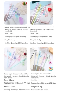 Close-up of cute creative gel pens with unique pendants including moon and dinosaur