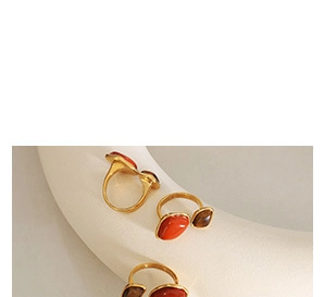 Detailed close-up of gold plated rings with natural red and brown stones on display