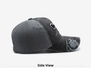 Side view of washed retro baseball cap with 'NEW' embroidery and shark brim print
