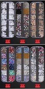 Six boxes of mixed nail art jewelry sets featuring pearls, rivets and metallic flakes