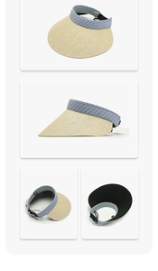Detail of adjustable strap and wide brim on striped straw sun visor hat with black coating